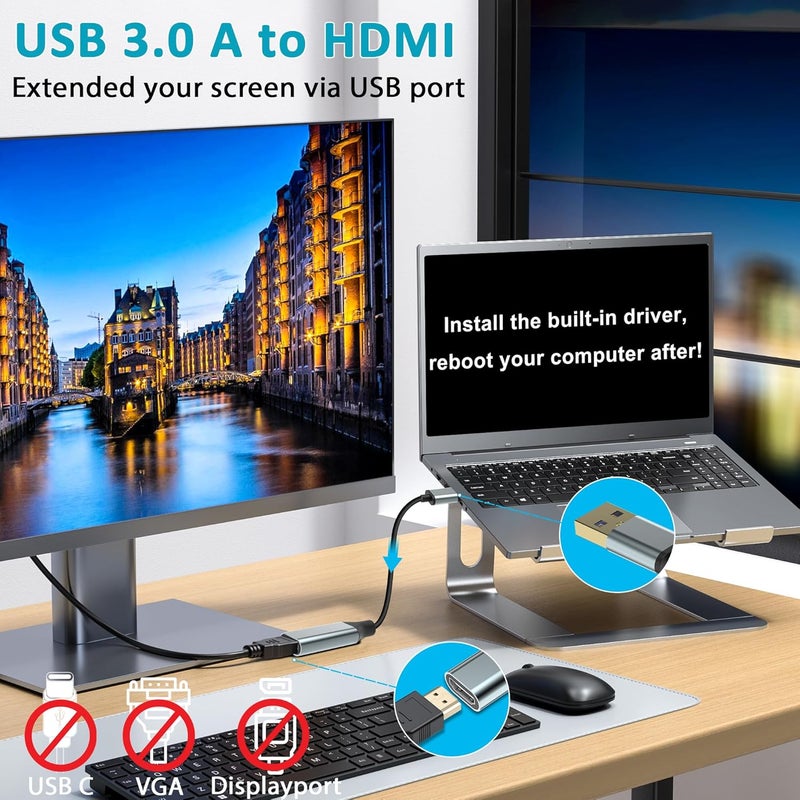 Herfair USB to HDMI Adapter [1080P Full HD, Built-in Driver] HDMI Adapter for Laptop to Monitor USB 3.0 to TV Screen Converter for MacOS/Windows 11/10/8.1/8/7 Computers Desktops PC MacBook - Image 3
